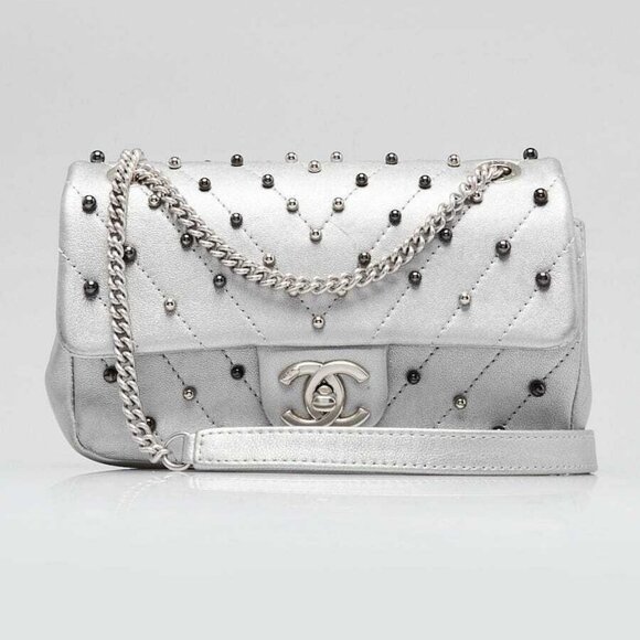 Chanel Silver Chevron Quilted Leather Studded Rectangular Mini Flap Bag - Picture 1 of 12